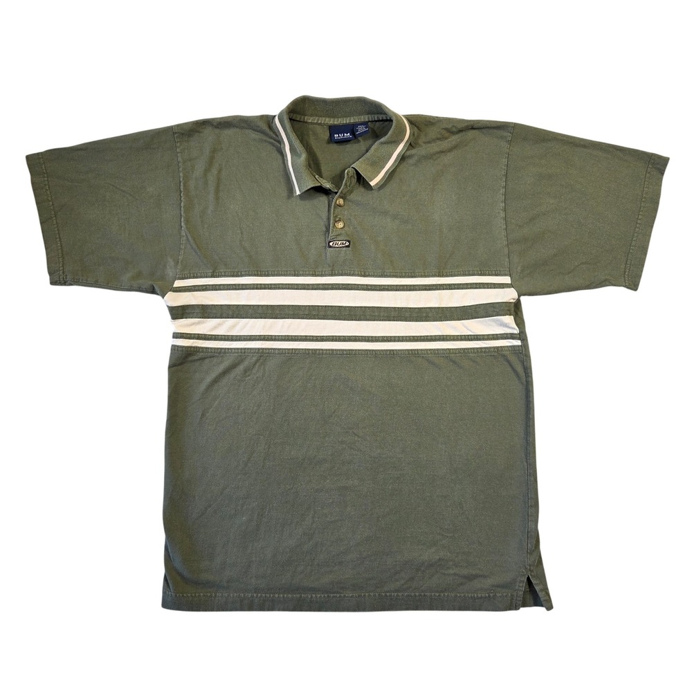 Vintage B.U.M. Equipment Polo Shirt Mens Medium Olive Green Striped 90s Cotton